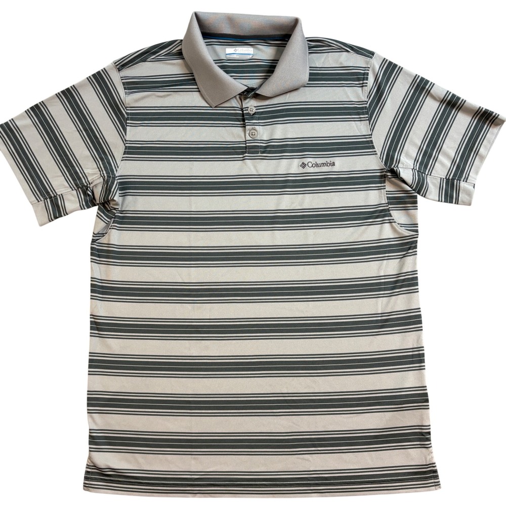Columbia Mens Large Grey Striped Short Sleeve Performance Stretch Polo Shirt
